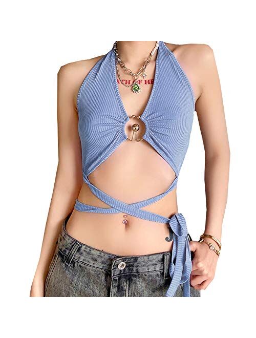 Women's Print Sleeveless V Neck Camisole Bandage Halter Backless Crop Top