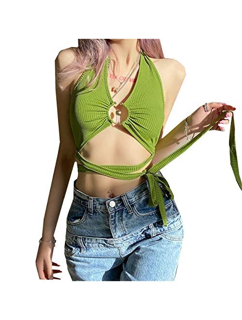 Women's Print Sleeveless V Neck Camisole Bandage Halter Backless Crop Top