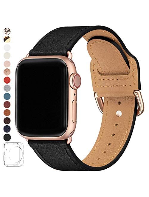 POWER PRIMACY Bands Compatible with Apple Watch Band 38mm 40mm 42mm 44mm, Top Grain Leather Smart Watch Strap Compatible for Men Women iWatch Series 5 4 3 2 1 (Black/Rose