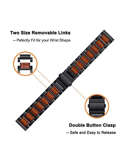 Yeejok Watch Band Compatible for Fossil Men's Gen 5 Carlyle, 22mm Replacement Quick Released Natural Red Sandalwood & Black Metal Watch Strap for Gen 4 Explorist HR/Women