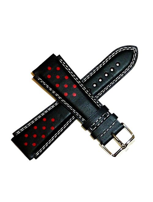 TechnoMarine 7616 20MM Genuine Leather Watch Strap in Black w/RED DOTS & Logo Stainless Buckle