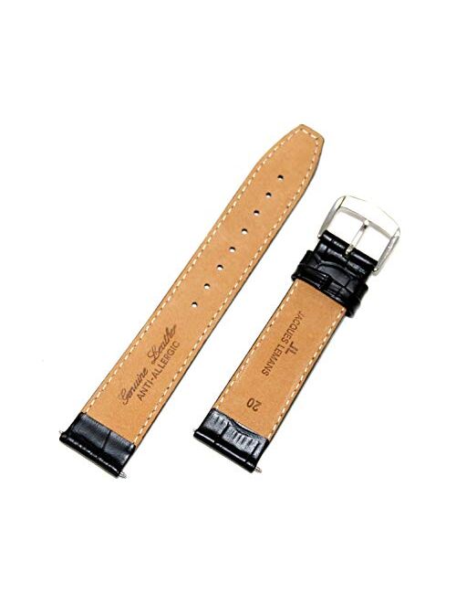 Jacques Lemans 20MM Alligator Grain Genuine Leather Watch Strap Black Silver Tone JL Initial Stainless Steel Buckle