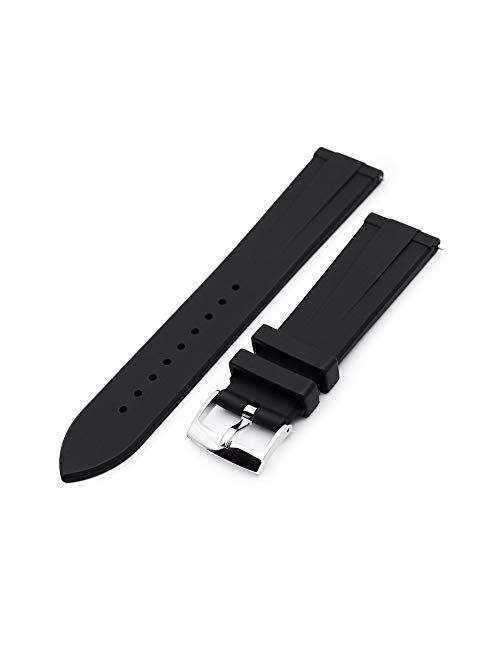 20mm Quick Release Watch Band Raised Center Black Rubber FKM Strap, Polished Buckle