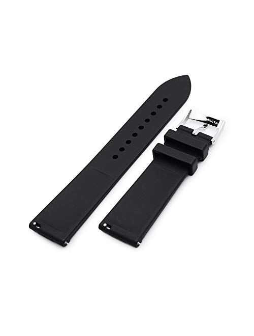 20mm Quick Release Watch Band Raised Center Black Rubber FKM Strap, Polished Buckle