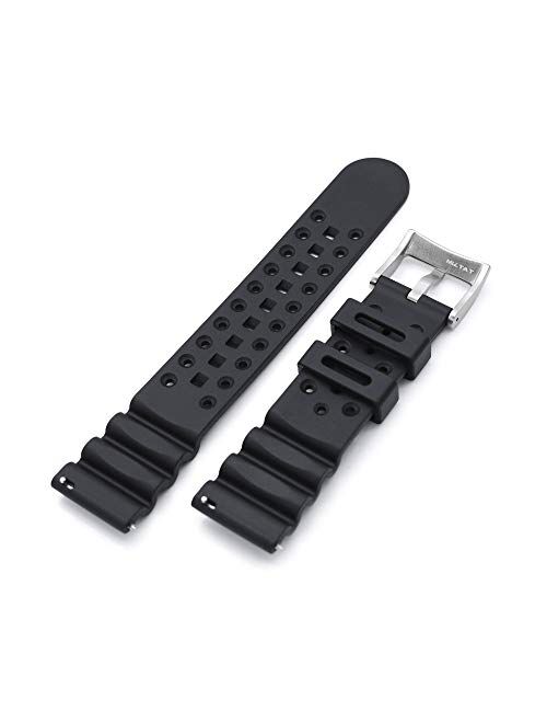 22mm Quick Release Watch Band Black Rubber Diver FKM Strap, Brushed Buckle