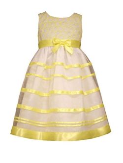 Little Girls Embroidered Circle Organza Satin Bow Dress, Yellow,