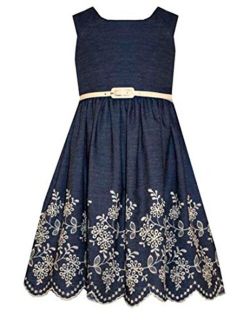 Girls Denim Scalloped / Embroidered Hem Fall Holiday Dress