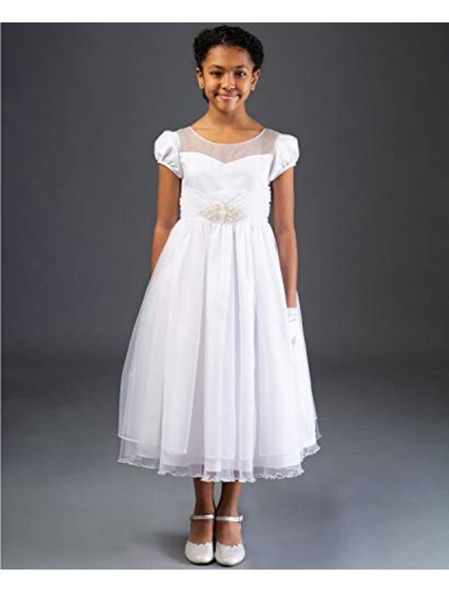 Bonnie Jean Girl's First Communion Dress with Jewel Accent, Short Sleeve