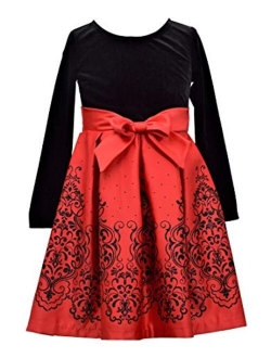 Girls Christmas Red Long Sleeved Velvet Satin Dress