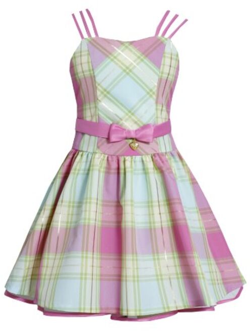 Bonnie Jean Little Girls 4-6X Fuchsia-Pink Metallic Plaid Triple Strap Heart Charm Dress