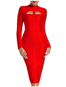 whoinshop Women's Cut Out Long Sleeve Party Bandage Dress Clubwear Midi