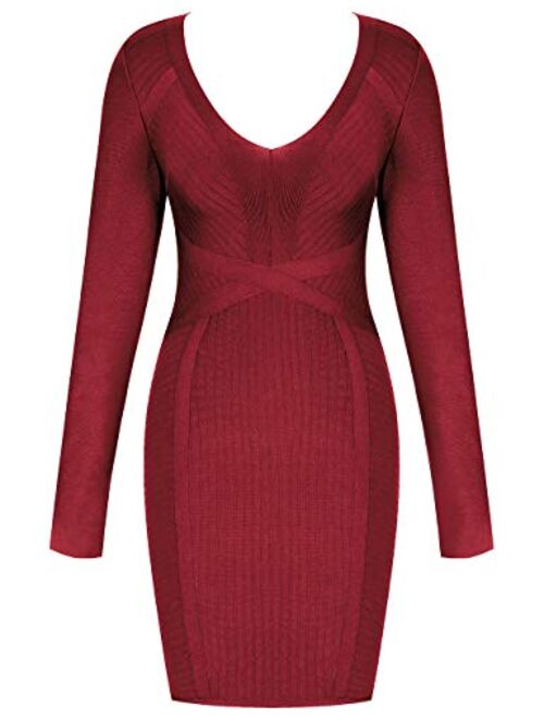 whoinshop Women's Cut Out Long Sleeve Party Bandage Dress Clubwear Midi