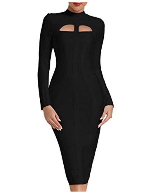 whoinshop Women's Cut Out Long Sleeve Party Bandage Dress Clubwear Midi