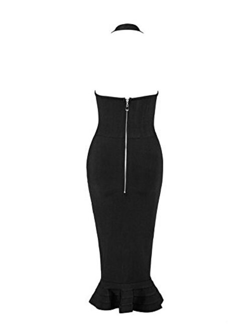 UONBOX Women's Halter Backless Fishtail Bottom Cocktail Party Tube Bandage Dress