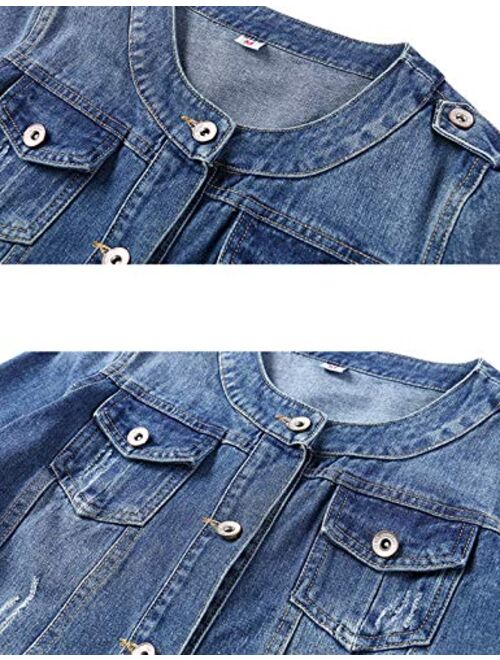 Yimoon Women's Casual Long Sleeve Collarless Washed Denim Jean Jackets