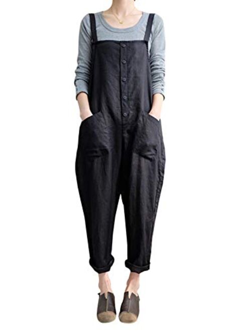 Yimoon Women's Baggy Cotton Linen Bib Overalls Jumpsuit