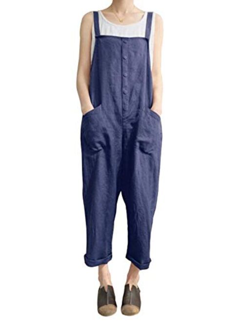 Yimoon Women's Baggy Cotton Linen Bib Overalls Jumpsuit