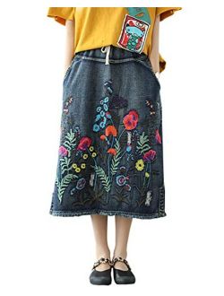 Yimoon Women's Ethnic Loose Pockets Embroidered Denim Midi Skirt with Elastic Waist