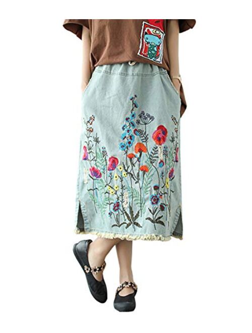 Yimoon Women's Ethnic Loose Pockets Embroidered Denim Midi Skirt with Elastic Waist