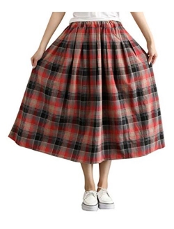 Yimoon Women's Retro Plaid Pleated Swing Midi Skirt