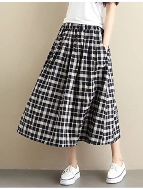 Yimoon Women's Retro Plaid Pleated Swing Midi Skirt