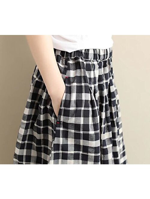 Yimoon Women's Retro Plaid Pleated Swing Midi Skirt