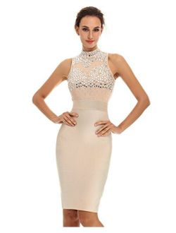 Women's Sleeveless Mesh Beaded Cocktail Party Knee Length Bandage Dress