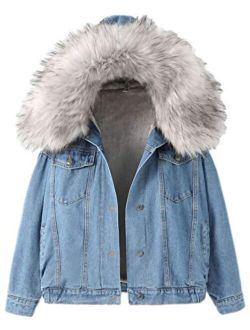 Yimoon Women's Fleece Lined Short Denim Trucker Jacket Jean Coat with Fur Hood