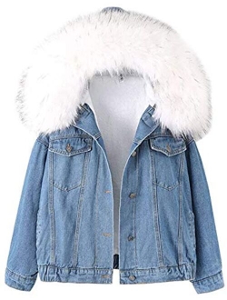 Yimoon Women's Fleece Lined Short Denim Trucker Jacket Jean Coat with Fur Hood