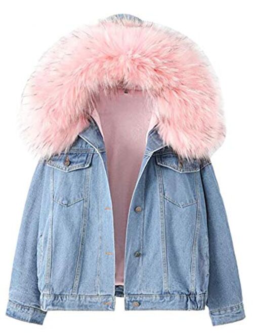 Yimoon Women's Fleece Lined Short Denim Trucker Jacket Jean Coat with Fur Hood