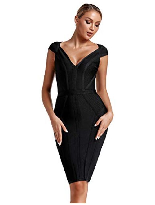 whoinshop Women's Bandage Dress V-Neck Celebrity Bodycon Evening Party Dress