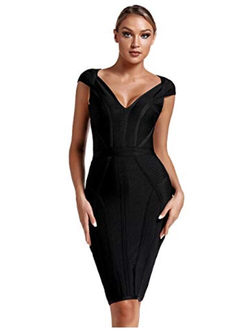 whoinshop Women's Bandage Dress V-Neck Celebrity Bodycon Evening Party Dress