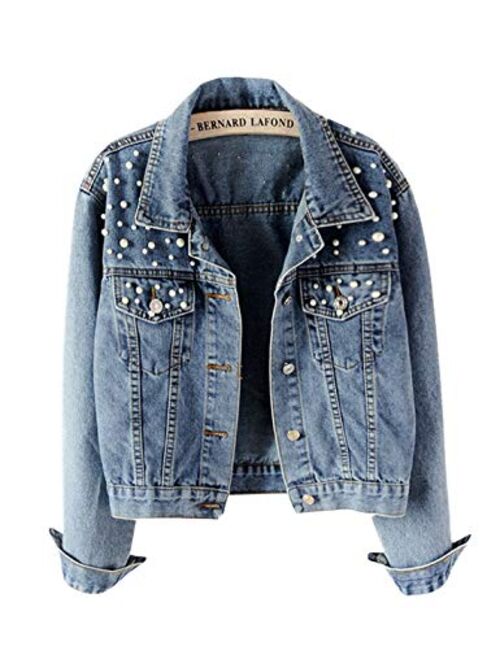 Yimoon Women’s Rivet Pearl Short Denim Jacket Long Sleeve Blue Jean Jacket