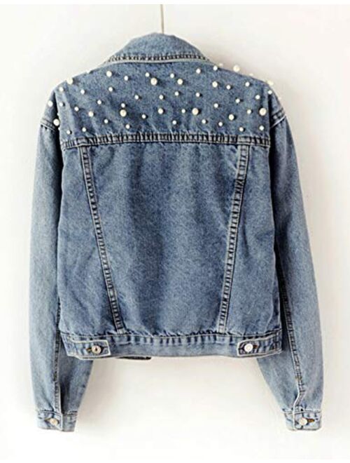 Yimoon Women’s Rivet Pearl Short Denim Jacket Long Sleeve Blue Jean Jacket