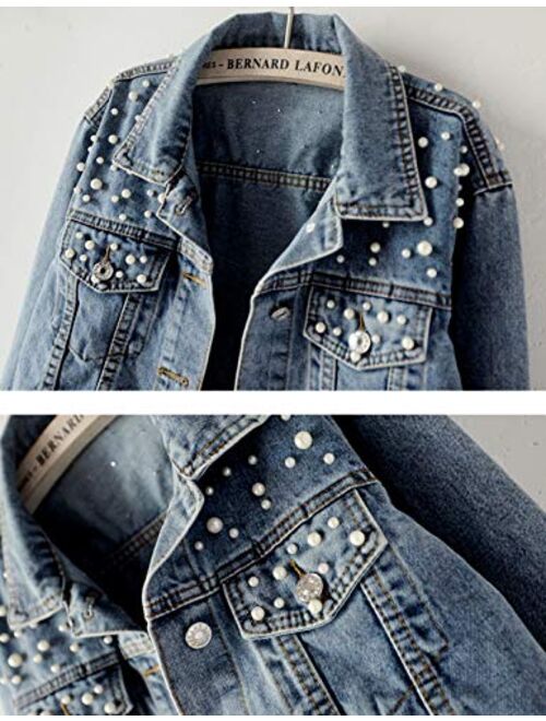 Yimoon Women’s Rivet Pearl Short Denim Jacket Long Sleeve Blue Jean Jacket