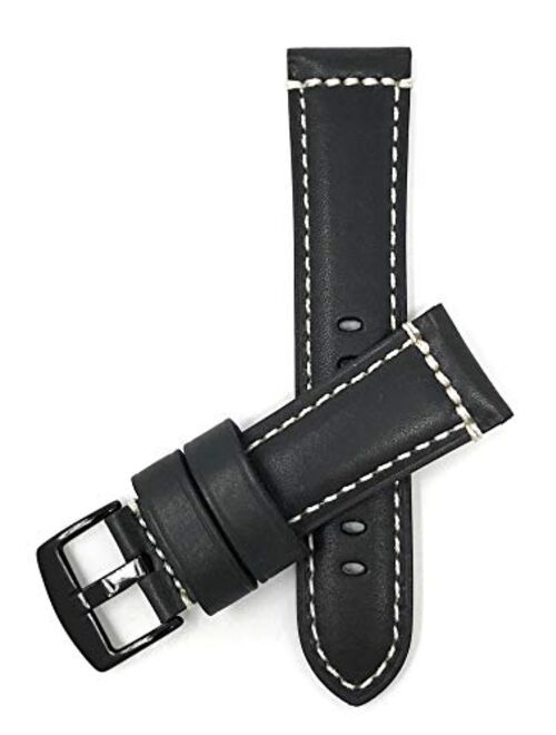 22mm - 24mm, Genuine Italian Leather Watch Strap Band, Double Stitching, Stainless Steel Buckle, Comes in Black, Blue, Brown and Tan