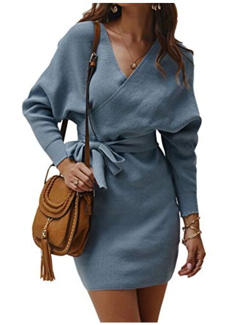 Yimoon Women's V Neck Bodycon Batwing Belted Waist Wrap Knitted Sweater Mini Dress