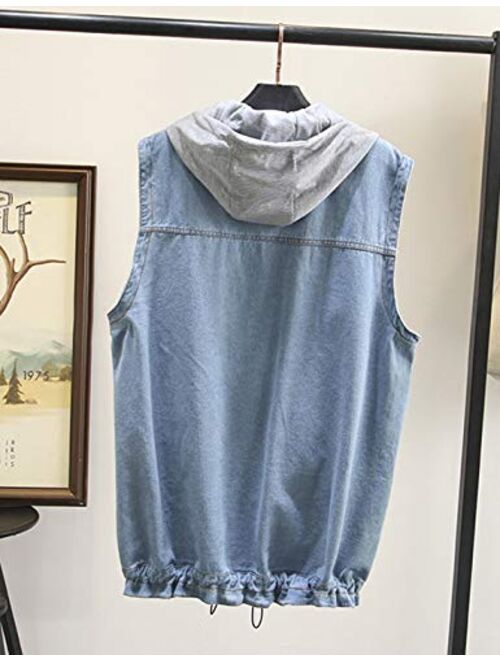 Yimoon Women’s Casual Hooded Denim Vest Button Down Sleeveless Jean Jacket