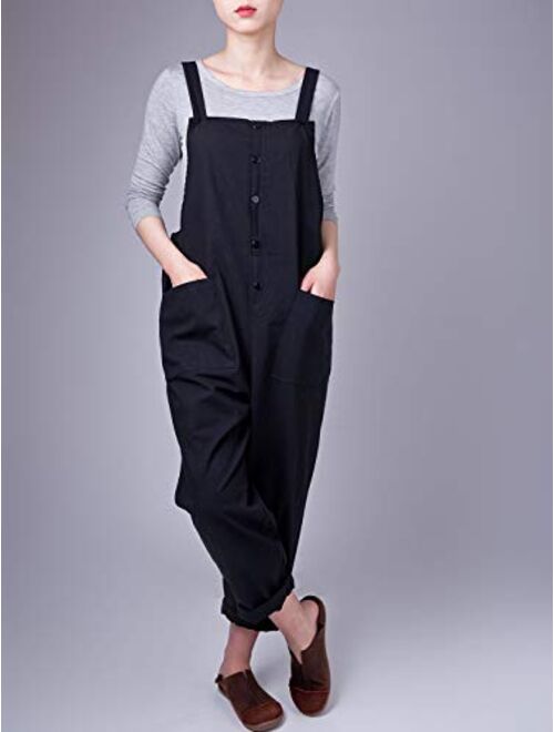 Yimoon Women's Soft Linen Baggy Bib Overalls Wide Leg Loose Overall Harem Pants (1# Black, Medium)