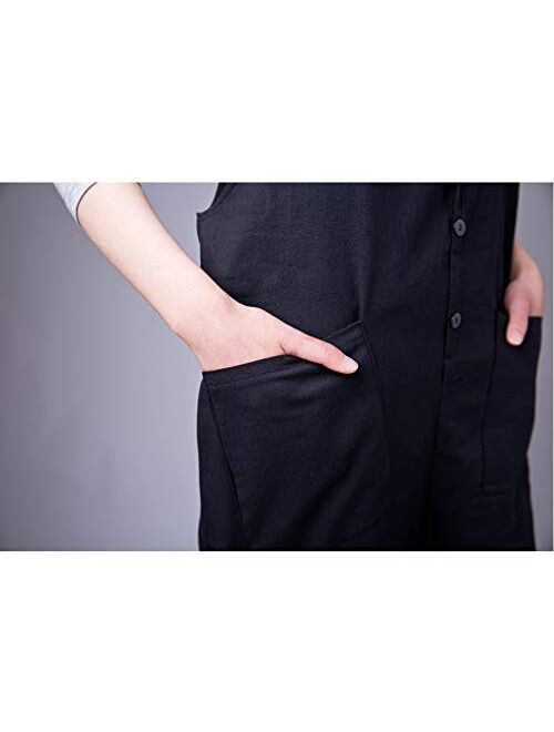 Yimoon Women's Soft Linen Baggy Bib Overalls Wide Leg Loose Overall Harem Pants (1# Black, Medium)