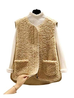 Yimoon Women's Fuzzy Zip Up Collarless Sleeveless Sherpa Vest Gilet