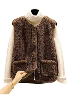 Yimoon Women's Fuzzy Zip Up Collarless Sleeveless Sherpa Vest Gilet