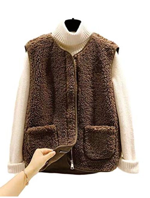 Yimoon Women's Fuzzy Zip Up Collarless Sleeveless Sherpa Vest Gilet