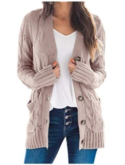 Yimoon Women's Loose Button Front Solid Color V Neck Cable Knit Cardigan Sweater