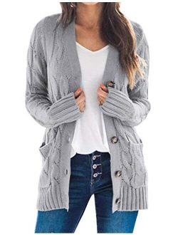 Yimoon Women's Loose Button Front Solid Color V Neck Cable Knit Cardigan Sweater