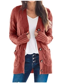 Yimoon Women's Loose Button Front Solid Color V Neck Cable Knit Cardigan Sweater