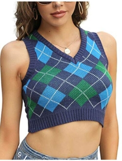 Yimoon Women's Fashion Argyle V Neck Sleeveless Sweater Vest Knitted Crop Top