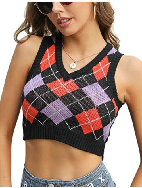 Yimoon Women's Fashion Argyle V Neck Sleeveless Sweater Vest Knitted Crop Top