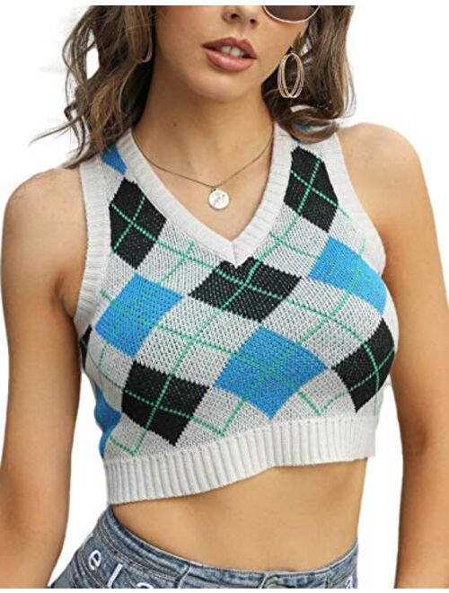 Yimoon Women's Fashion Argyle V Neck Sleeveless Sweater Vest Knitted Crop Top