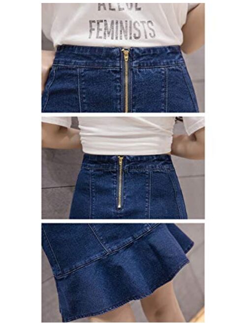 Yimoon Women's Sweet High Waist Ruffle Hem Mini Denim Fishtail Skirt